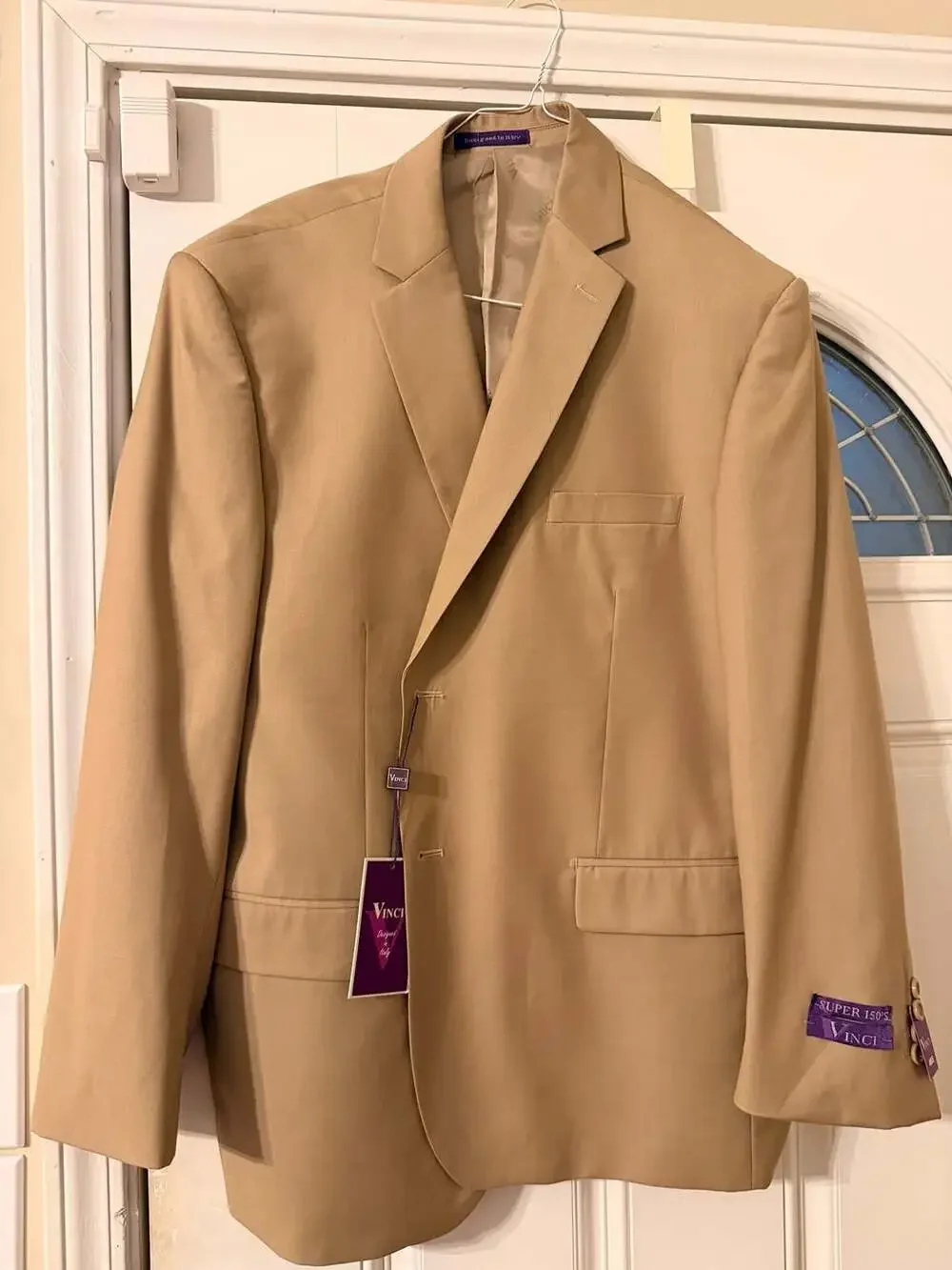 Vinci Men's Super 150's Designed in Italy Beige Two-Button Sport Coat 46S